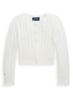 white cotton cable knit pointelle knit round neck front button fastening long sleeves ribbed cuffs and hem Polo Ralph Lauren Kids, Toddler Tops, Ralph Lauren Logo, Ralph Lauren Kids, Girls Cardigan, Cable Knit Cardigan, Cotton Cardigan, White Cardigan, Ralph Lauren Sweater