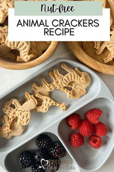 an animal cracker recipe with raspberries and blackberries in the bowl next to it