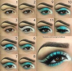 Blue turquoise step by step eyes Turquoise Makeup, Drag Make-up, Queen Makeup, Smink Inspiration, Makeup Step By Step, Colorful Eye Makeup