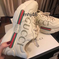 Rhyton Gucci Logo Leather Sneaker. Brand New. 100% Authentic. Come With Box And 2 Dust Bag. Pink Louboutins, Sneaker Logo, Sepatu Air Jordan, Gucci Bags Outlet, Designer Shoes Gucci, Gucci Rhyton, Designer Shoes Sneakers, Gucci Shoes Sneakers, Gucci Sneakers