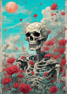 a painting of a skeleton surrounded by red flowers