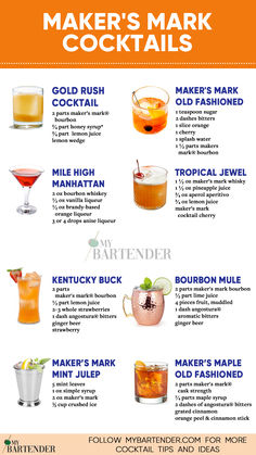 Maker’s Mark Cocktails Bourbon Drinks Cocktails, Makers Mark Cocktails, Pizza Pub, Alcohol Mixers, Whiskey Drinks Recipes, Mobile Cocktail Bar, Homemade Alcohol