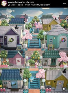 an image of a cartoon town with lots of houses and flowers on the street, as well as stairs