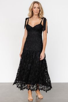 Timeless charm and modern details create a memorable look Black lace over lining Sweetheart neckline Padded bust Hidden zipper at back for closure Self-tie sleeve straps Single-tiered skirt Self and Lining: 100% Polyester Trina is 5'6, cup size 32D, size 2 and is wearing size S Sleeve Straps, Black Lace Midi Dress, Midi Dress Black, Tie Sleeve, Lace Midi, Lace Midi Dress, Cup Size, Tiered Skirt, Monte Carlo