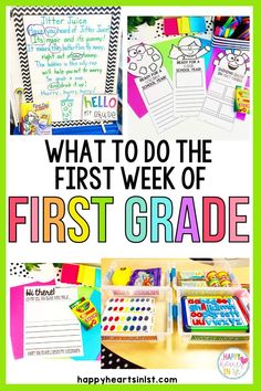 Back to school activities and ideas for making planning the first week easier! Includes ideas for first week read alouds name building stations math centers writing activities and free no prep writing crafts from Happy Hearts in 1st Grade One First Week Activities, First Week Grade 1 Activities, Beginning Of Year Math Activities 1st Grade, First Week Math Activities 1st Grade, Grade 1 Beginning Of The Year, Back To School Craft 1st Grade, Back To School Grade 1 Activities, 1st Grade Crafts Back To School, Grade 1 Beginning Of The Year Activities