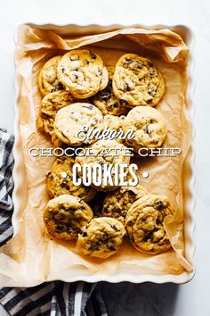 chocolate chip cookies in a baking pan with the words, spoon on it and an image of