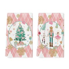 two pink and white christmas themed coasters with nutcracker, tree, snowflakes