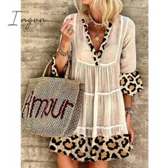 Ingvn Summer Women's Fashion Leopard Print Stitching Cotton and Linen Dress Loose Casual Bohemian Mid-length Dress Party Beach Dress Casual Outfits For School, Robes Glamour, Outfits For School, Tiered Ruffle Dress, Cotton Linen Dresses, Linen Style, Patchwork Dress, Mid Length Dresses, Fashion Colours