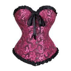 Persian Pink Gothic Ruffle Trim Hourglass Overbust Corset - Vedlit Pink Lace Underbust Corset, Fitted Gothic Pink Corset, Pink Fitted Gothic Corset, Hot Pink Corset Outfit, Hot Pink And Black Outfit, Gargoyle Aesthetic, Pink Corset Outfit, Character Outfit Reference, Pink And Black Corset