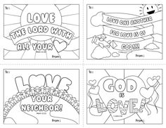 four different coloring pages with the words love, god and neighbor in each one corner