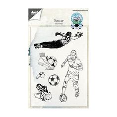 a sheet of stickers with soccer players and balls on the front, one man diving for