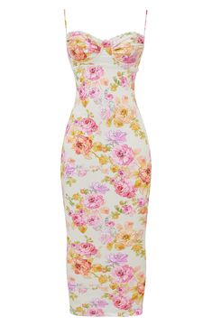 Ravishing and romatic, this flowery dress is lilted with lace and designed with a bustier bodice featuring undewire support. Exclusive retailer Sweetheart neck Lined 97% polyester, 3% elastane with 100% polyester contrast Dry clean Imported Floral Corset Midi Dress, House Of Cb Pink Floral Dress, House Of Cb Floral Dress, Feminine Clothing Style, Romantic Outfits For Women, Summer Dinner Dress, Dress Made Of Flowers, Summer Dress Flowers, Floral Dress Aesthetic