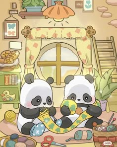 two pandas sitting on the floor in front of a crochet and knitting kit