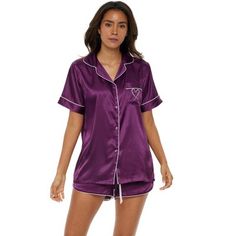 This women's satin pajama set from Alexander Del Rossa would be a great addition to any wardrobe. The short sleeved pajama top features a button down front, two front pockets and a collar with contrasting trim. The bottoms feature an elastic waist for a comfortable fit. If you're not completely satisfied with this pajama set returns are accepted. Bedtime Outfit, Satin Pajamas Set, Purple Pajamas, Silk Pjs, Mens Onesie, Satin Pajama Set, Buy Clothes Online, Pyjamas Womens, Satin Pajama