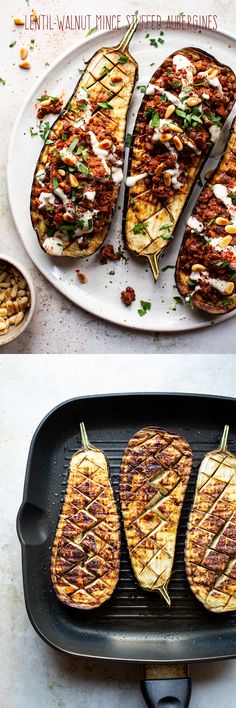 grilled eggplant steaks on a griddle pan with the recipe title above it