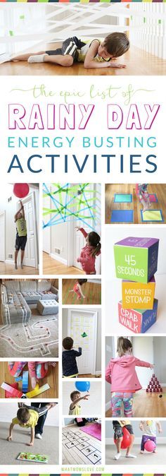 the cover of rainy day energy busting activities is shown with pictures of children playing and doing