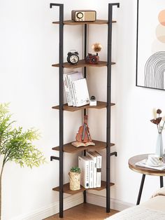 a book shelf in the corner of a room