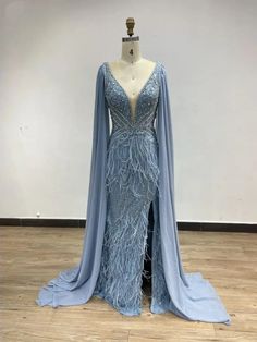 Ships in 1 to 3 Days - Gorgeous Blue High Slit Mermaid Evening Gown - 2024 Arabic Luxury Cape Sleeves with Beaded Feathers for Formal Parties Arabic Luxury, Beaded Feathers, Formal Parties, Mermaid Evening Gown, Cape Sleeves, Mermaid Silhouette, Celebrity Dresses, Special Occasion Dresses, Evening Gown