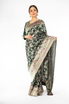 Dark Green Color Handloom Saree with Paithani Border Banarasi Silk Pre-draped Saree For Celebration, Traditional Katan Silk Pre-draped Saree For Party, Traditional Tissue Silk Kurta For Celebration, Festive Celebration Pre-draped Saree With Zari Weaving, Green Traditional Wear With Zari Weaving For Celebration, Festive Paithani Silk Traditional Wear, Traditional Wear With Meenakari For Party, Traditional Meenakari Wear For Party, Traditional Meenakari Dupatta For Party