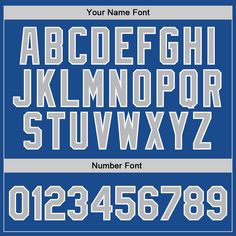 the upper and lower letters are in white on blue, with grey borders to give it