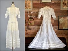 "We are pleased to offer you this dainty wedding/graduation gown circa 1910. This is a museum de-accessioned garment so it is in very wearable condition. ✂ FABRIC: This ethereal gown is made of a sheer fine white cotton batiste lawn fabric, with embroidered eyelet cut work, reticella lace and combination Valenciennes lace inserts. This lovely lace long floor length dress has a fitted bodice with round neckline, elbow length sleeves, A-Line skirt and closes at the back with mother of pearl buttons and hook & eye closures. It is very sheer and unlined. This is so Lady Chatterley's Lover :) ✂ MEASUREMENTS: The bust is 33\" The waist is 24\" Hips are up to 36\" Shoulder to waist is 15.5\" Shoulder to shoulder is 15\" From shoulder to hem is 54\" in total length. We do not accept returns for me Fitted Historical Victorian Dress For Wedding, White Fitted Gown With Historical Design, Fitted White Gown With Historical Design, Fitted Wedding Gown With Historical Design, Vintage Gown With Fitted Bodice For Ceremony, Vintage Ceremony Gown With Fitted Bodice, White Victorian Dress With Historical Design For Formal Occasions, Ceremonial Vintage Victorian Dress, White Vintage Gown For Ceremonies