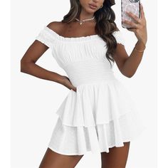 Brand: Amazon Size Type: Regular Color: White Department: Women Size: L Type: One-Piece Style: Tunic, Mini Dress Material: Polyester Theme: Boho, Casual, Party, Beachwear Sleeve Length: Short Sleeve Pattern: Swiss Dot Occasion: Casual Vintage: No Number Of Pieces: 1 Piece Features: Off Shoulder, Ruffle Season: Summer Fit: Slim Garment Care: Machine Washable Condition: New, Nwot Pit To Pit 16 Waist 14 Length 27 Comes From A Smoke-Free Home. All Items Shipped Same Or Next Day. Thank You! 8030 Mini Dress Cute, Off Shoulder Mini Dress, Light Pink Dress, Olive Green Dresses, Popular Dresses, Ruffle Romper, Slim Fit Dresses, Cute Summer Dresses, Fairy Dress