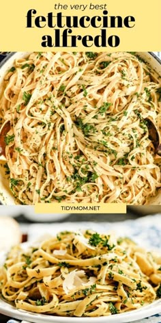 the best fettuccine alfredo recipe is shown in two different pictures with text overlay