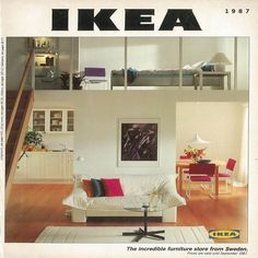 an advertisement for ikea furniture in a living room and dining room area with stairs leading up to the second floor