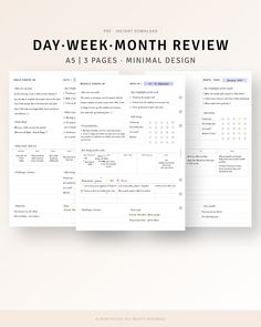 the front and back pages of a workbook with text that reads day - week month review