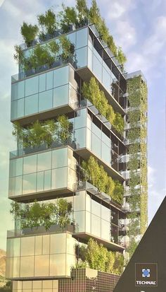 a tall building with plants growing on it's sides