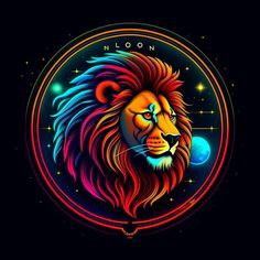 a lion's head with the word neon on it and stars in the background