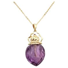 MOISEIKIN® invites you to a unique opportunity to keep your favourite scents at the very heart. Inspired by an ancient tradition, this precious pendant necklace has an elegant perfume bottle. The vivid natural amethyst vial is specially carved in multi-facet and perfectly polished so that the bottle is reflected under the light as if a mirror ball. It is adorned with an 18-carat gold cap, resembling a graceful Russian cathedral turret embedded with a rhodolite accent. The body is elegantly decorated with a diamond belt. The perfume applicator is also made of gold and rhodolite. The aroma holder has a capacity of 2.5ml. The durable gold chain is 55cm in length with adjustable rings. 18K Gold Pendant Necklace- Aromatnitsa Weight 16.45g, Size 55cm 1 Amethyst 28.28 ct 3 Garnet Almandine 0.425 Russian Cathedral, Elegant Perfume, Diamond Belt, Gold Cap, Bottle Pendant, Gold Caps, Mirror Ball, Favorite Scents, Gold Pendant Necklace