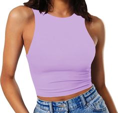 Artfish Women's Sleeveless Cropped Shirts High Neck Stretchy Fitted Basic Crop Tank Top (Violet Purple, S) at Amazon Women’s Clothing store Amazon Favs, Halter Neck Crop Top, High Neck Crop Top, Swimsuit Material, Sport Dress, Crop Tank Top, Star Dress, Sleeveless Shirt, Cami Tanks