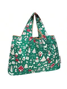 a green bag with white and red designs on it