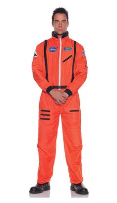 a man in an orange space suit standing with his hands on his hips