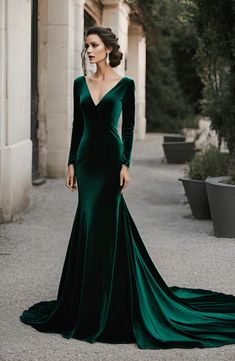 Wedding Dress Dark Green, Wedding Ideas Dark Green, Dark Green Dress Aesthetic, Sheath Wedding Dress With Sleeves, Green Velvet Wedding Dress, Dark Green Wedding Dress, Green Wedding Aesthetic, Emerald Wedding Dress, Non White Wedding Dress