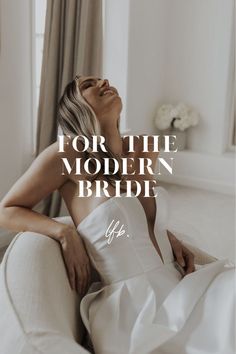 a woman sitting on top of a couch with her eyes closed and the words for the modern bride