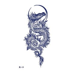 a dragon and flowers tattoo design on a white background