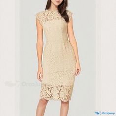 Orcajump - Elegant Cocktail Party Dress with Sleeveless Floral Lace, Round Neckline, and Knee-Length - Perfect for Parties Beige Sleeveless Wedding Midi Dress, Beige Fitted Sleeveless Midi Dress, Fitted Lace Sleeveless Summer Dress, Elegant Sleeveless Beige Midi Dress, Beige Sleeveless Cocktail Dress, Elegant Sleeveless Lace Dress For Party, Elegant Sleeveless Lace Party Dress, Elegant Non-stretch Sheath Dress, Non-stretch Elegant Sheath Dress