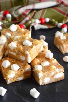 marshmallow treats are stacked on top of each other