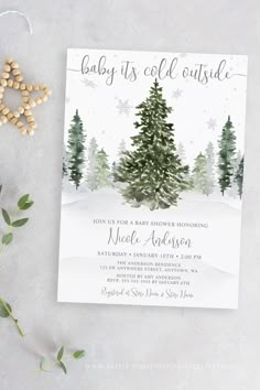 Watercolor Winter Forest Gray Baby Shower Invitation Template