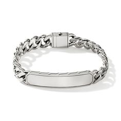 John Hardy's signature hand-carved motif translates the rhythmic action of weaving into a graphic two-dimensional texture. Crafted in sterling silver, this curb chain bracelet measures 11mm in width and secures with a pusher clasp closure. The station measures 49.5mm x 11.5mm. Size Large: Fits a wrist measuring 6.75-7.0 inches in circumference John Hardy Style #: BU901148XUL Curb Chain Bracelet, John Hardy, Sterling Silver Bracelet, Curb Chain, Sterling Silver Bracelets, Chain Bracelet, Hand Carved, Silver Bracelet, Weaving