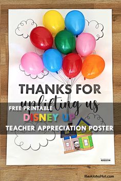 Easy Teacher Appreciation Door ideas. Print poster and hang up on the door or on the wall for teacher appreciation week. Three ideas: Great Teacher Among Us (for Among Us fans), Thanks for Uplifting Us (Disney Pixar Up Movie theme), and Thank You for Being Fintastic (Mermaid or Under the Sea theme). Downloads are free. Coloring the giant coloring page poster or print off the elements to cut out and glue for additional color. Inexpensive to print #teacherappreciationweek #teacherappreciationdoor Up Theme Teacher Appreciation Week, School Counselor Appreciation Week Poster, Teacher Appreciation Door Poster, Thank You Posters For Teachers Diy, Principals Day Ideas Appreciation Gifts From Kids, Principal Week Ideas, Disney Teacher Appreciation Gifts, Teacher Appreciation Door Posters, Teacher Appreciation Door Decorations Ideas