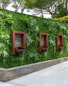 an outdoor living wall with plants and water features