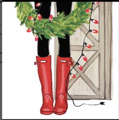 a painting of a woman in red rain boots holding a wreath with lights on it