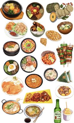 an image of many different foods on plates