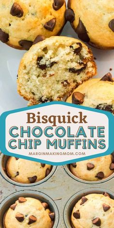 chocolate chip muffins in a muffin tin with the words biscuit chocolate chip muffins