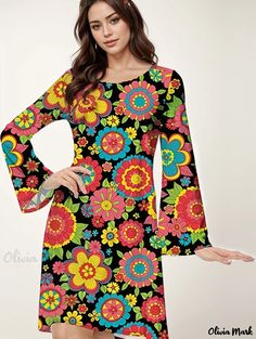 Olivia Mark - Plus Size Retro Dress, Women's Plus Floral Print Bell Sleeve Round Neck Slight Stretch Halloween Party Dress Retro Long Sleeve Halloween Dress, Multicolor Long Sleeve Dress For Costume Party, Multicolor Spring Costume Party Dress, Plus Size Retro Dresses, Halloween Party Dress, Retro Dress, Olivia Mark, Bell Sleeve, Types Of Printing