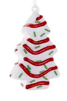 a glass christmas tree ornament hanging on a white background with red and green stripes