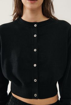 Silk Laundry CROPPED CARDIGAN - BLACK Black Cropped Cardigan, Silk Laundry, Organic Cotton Yarn, Her Outfits, Silver Button, 12 Gauge, Boyfriend Shirt, Cardigan Black, Cotton Cardigan